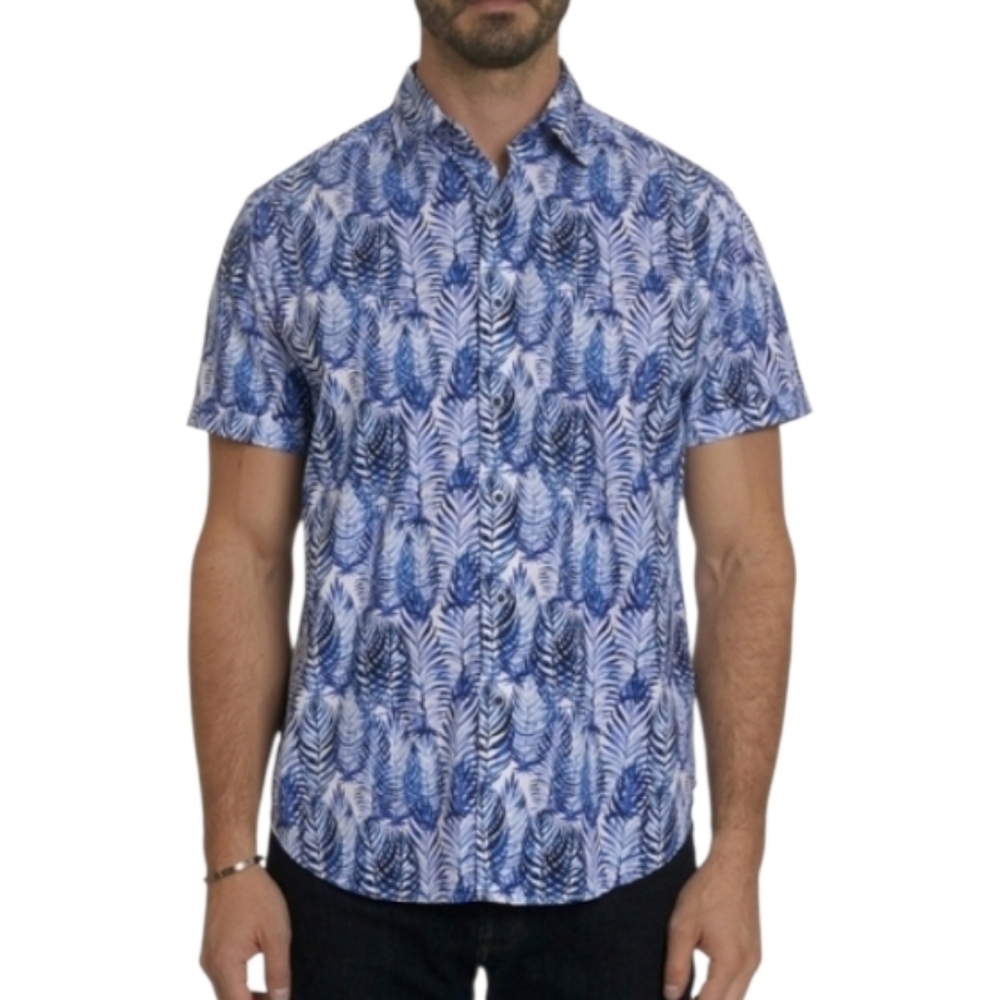 Robert Graham Palm Leaf Print Short Sleeve Button Down Cotton Shirt